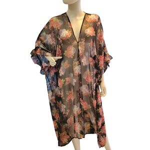 Betsey Johnson Floral Kimono Duster Sheer Ruffle Sleeve OSFM Topper Coverup robe